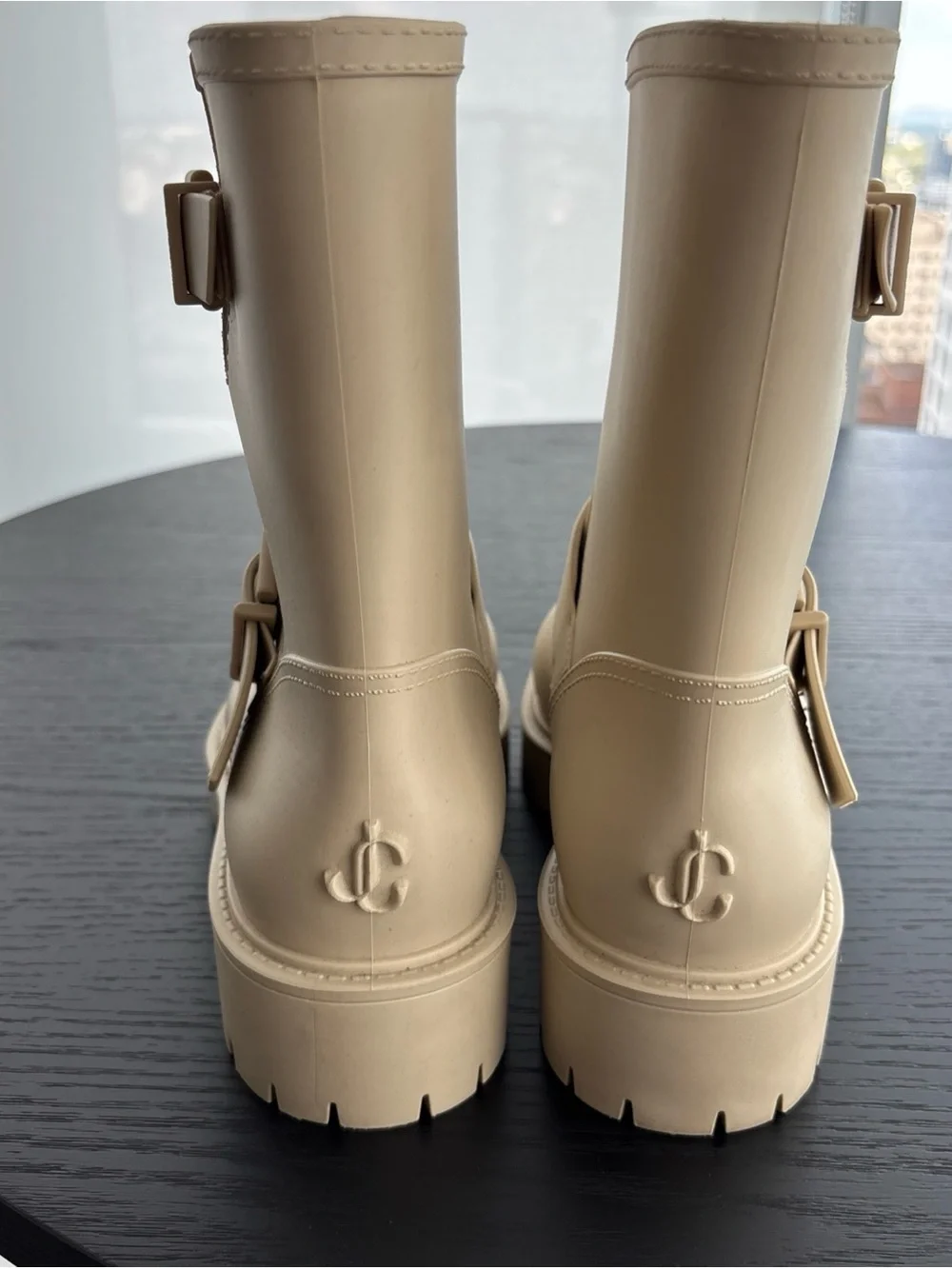 Jimmy Choo Cream Lug Sole Yael Buckle Boots Rain Boots Slip On EU 37 / US 7